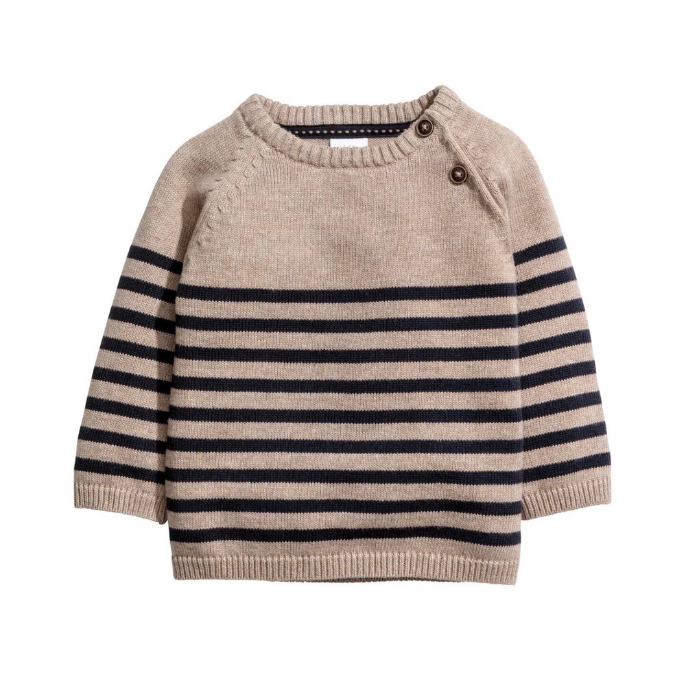 HM Kids Beige Navy Blue Striped Knit‎ Sweater Shoulder Buttons Size 12-18M